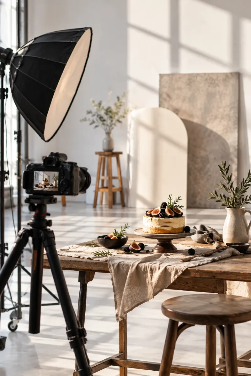 Camera on a tripod set up for a food photoshoot